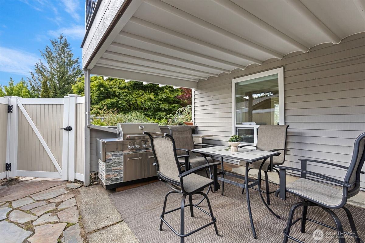 Covered patio staged by Top Staging And Design at a home in Bellevue