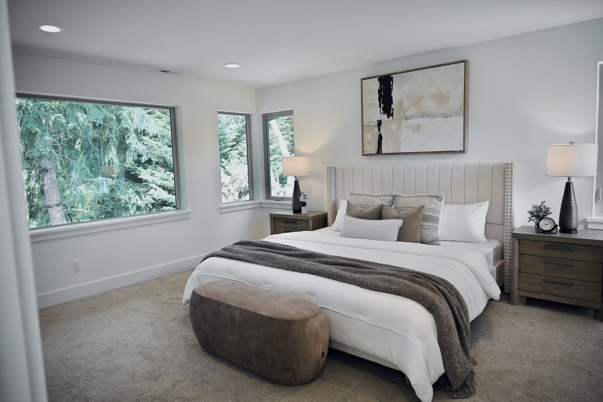 Primary bedroom staged by Top Staging And Design at the Kirkland project